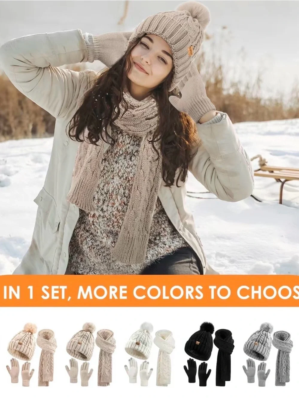 Cream Cable Knit Pom Beanie, Scarf & Gloves Set - Women